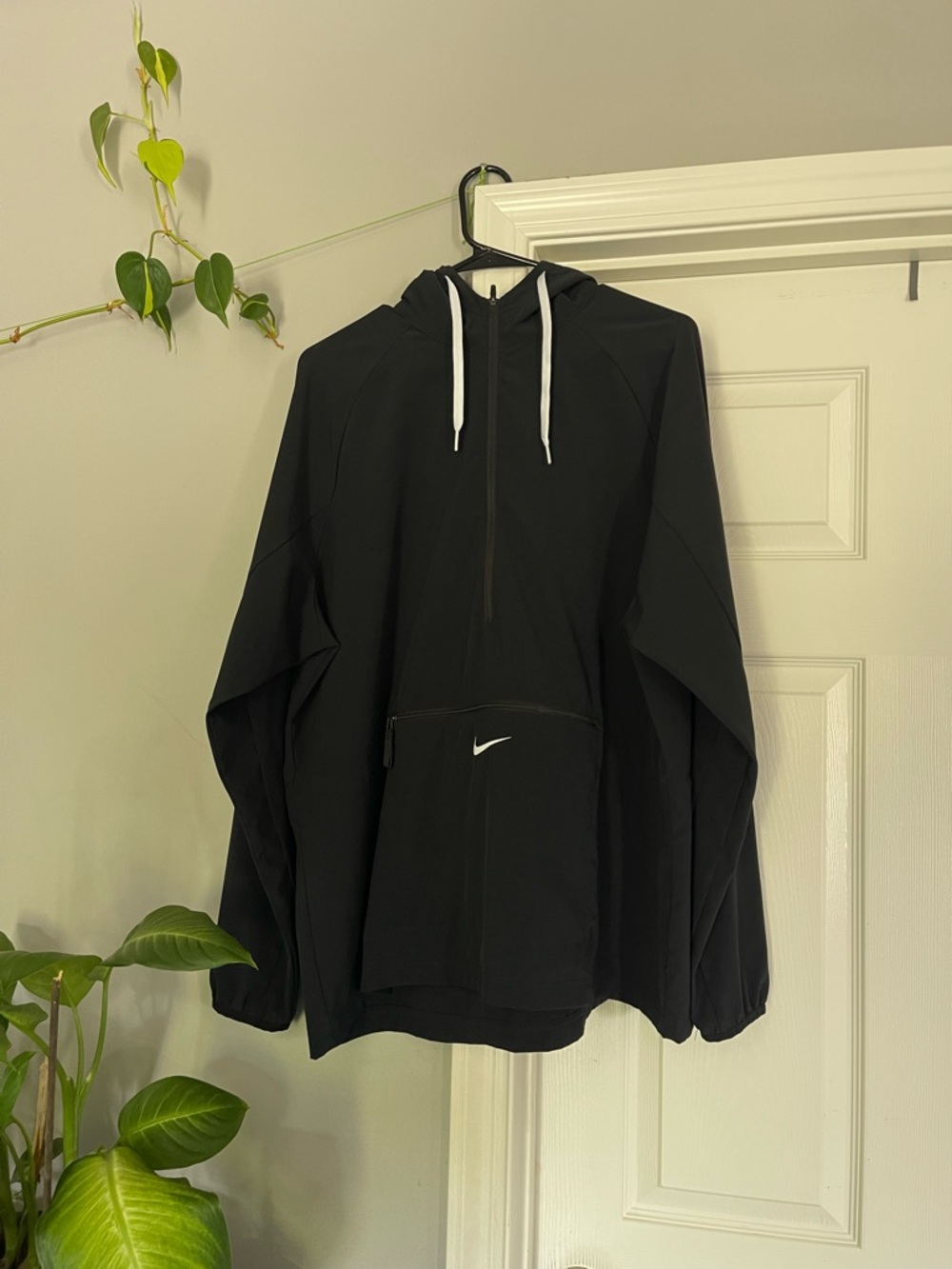 Nike Black Pullover Hooded Windbreaker with White Drawcords
